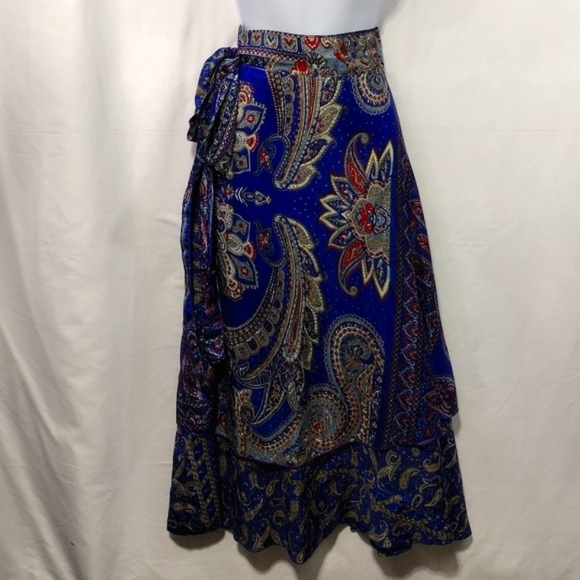 Dresses & Skirts - Women's Paisley Artsy Wrap Skirt OS Blue Boho Retro 90s Y2K Festival Beach
